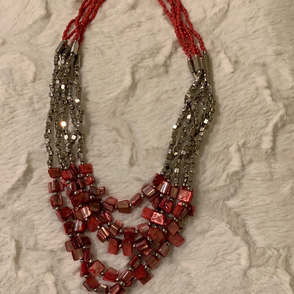 Red seed beaded stone multi strand  necklace‎